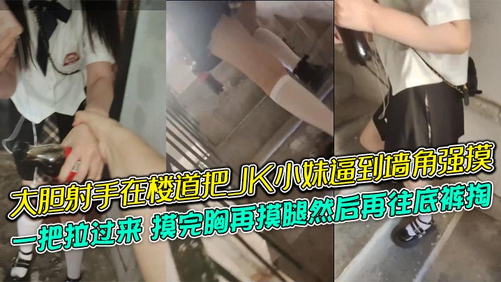 大胆射手在楼道把JK小妹逼到墙角强摸一把拉过来摸完胸再摸腿然后再往底裤掏牛逼